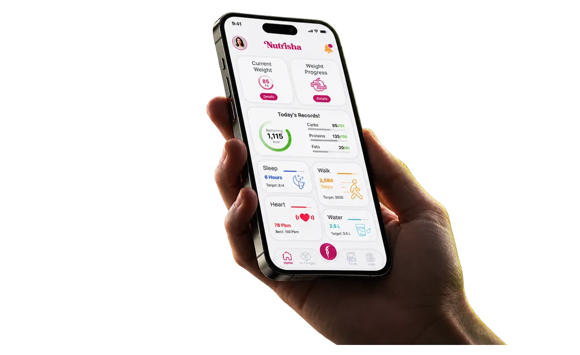 A hand holding a phone showing the Nutrisha health app dashboard