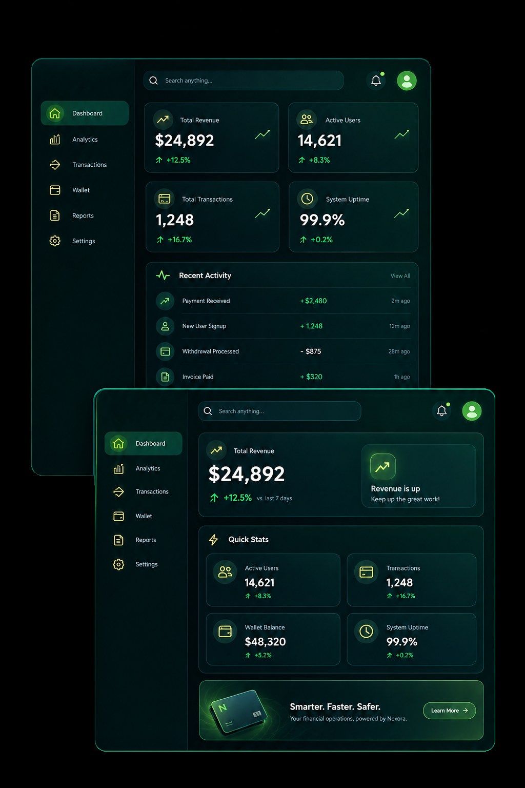 Two overlapping analytics dashboard screens showing revenue and quick stats