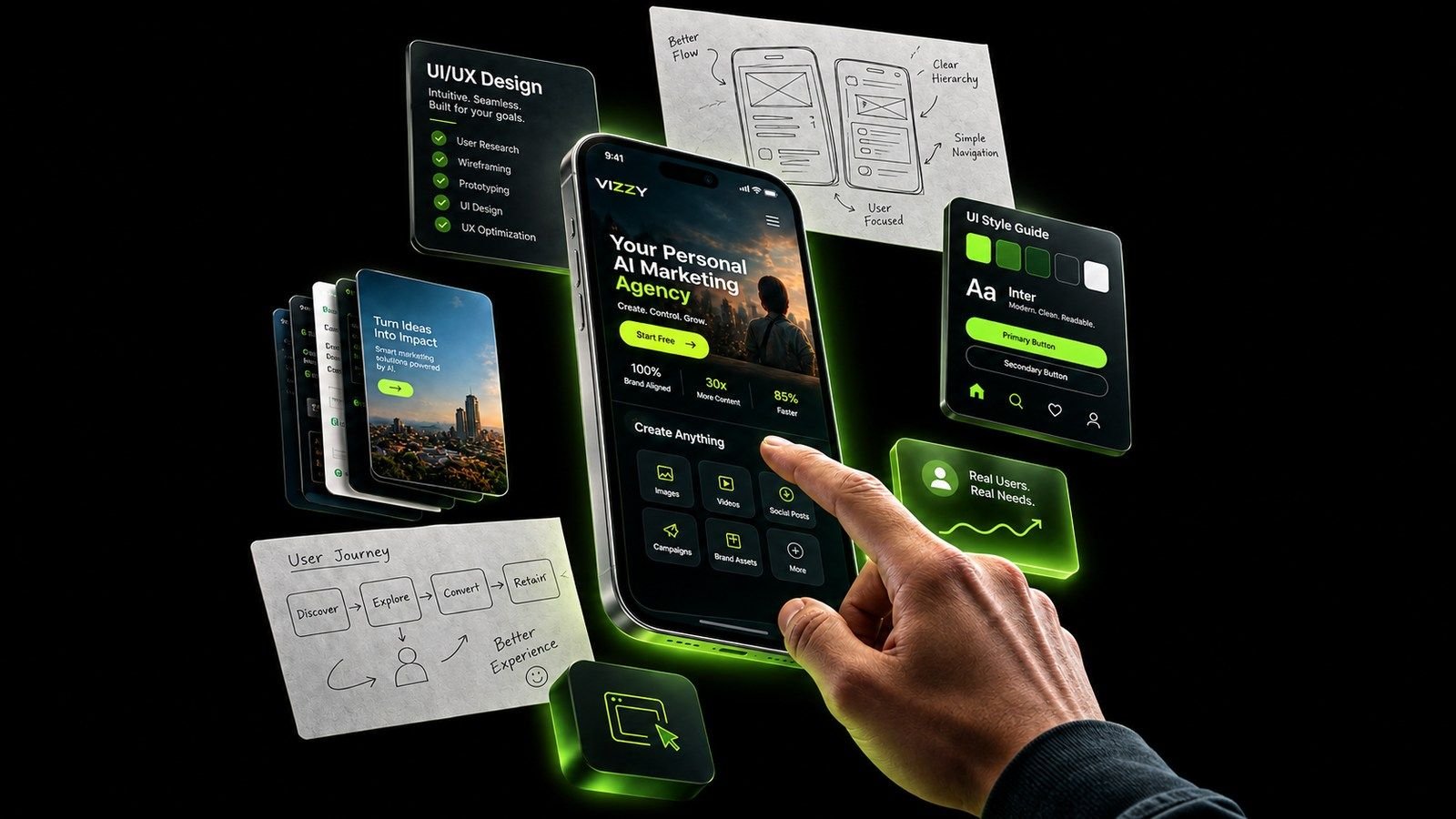 A floating 3D collage of a phone, wireframe sketches, a UI style guide card and a user journey sketch