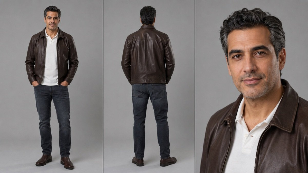 Man in a brown leather jacket and jeans — front, back and close-up