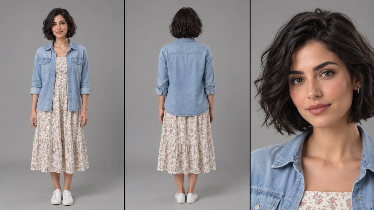 Woman in a denim shirt over a floral dress — front, back and close-up