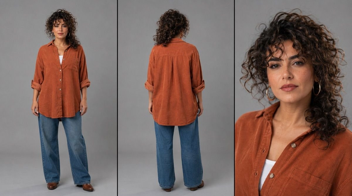 Woman in a rust corduroy shirt and jeans — front, back and close-up