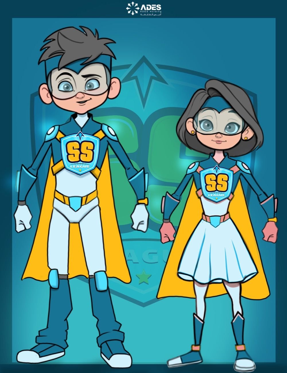 SS League character design — the two heroes in full costume