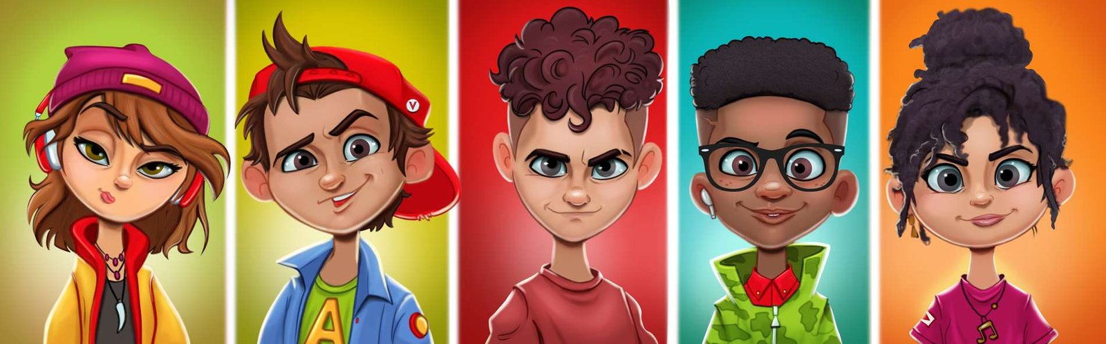 The five Avatar Puffs characters as colour cards