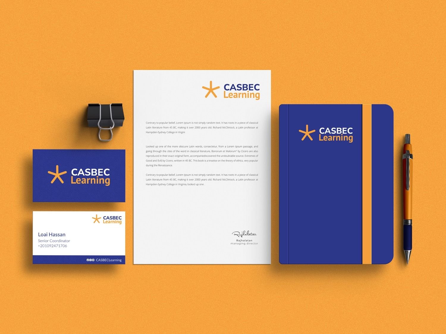 CASBEC Learning stationery set — the youthful courses sub-brand in orange and navy with an asterisk mark