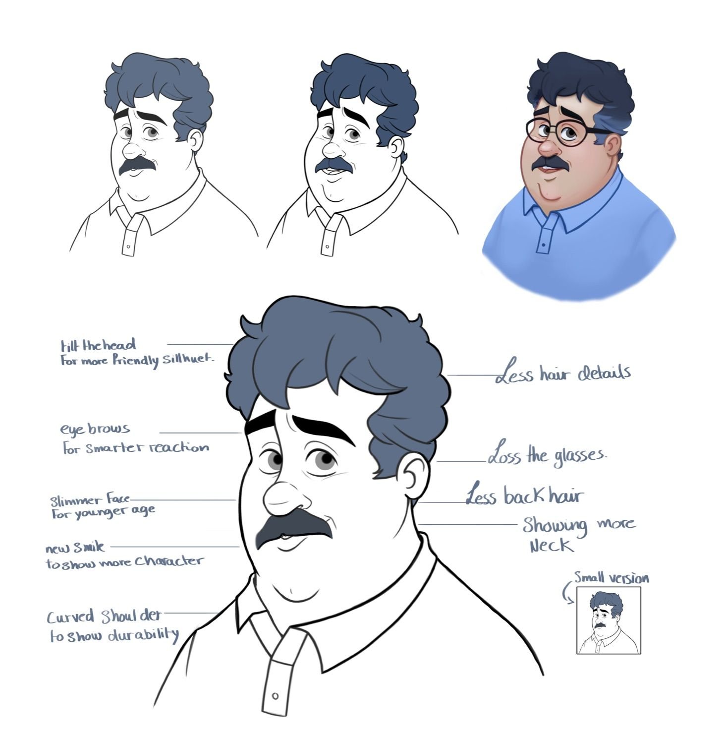 Annotated character-design decisions for Cassbana