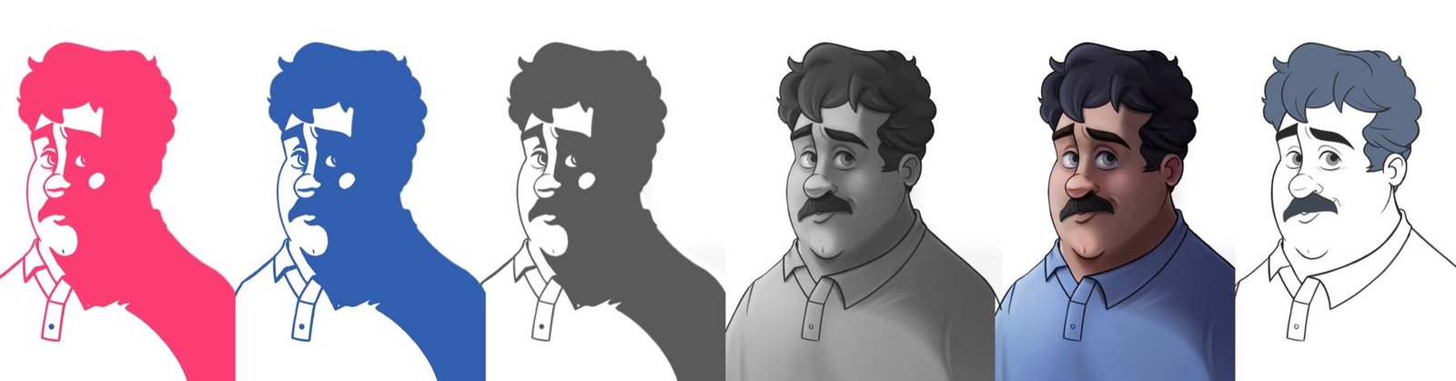 Cassbana character rendered in stages across the brand palette