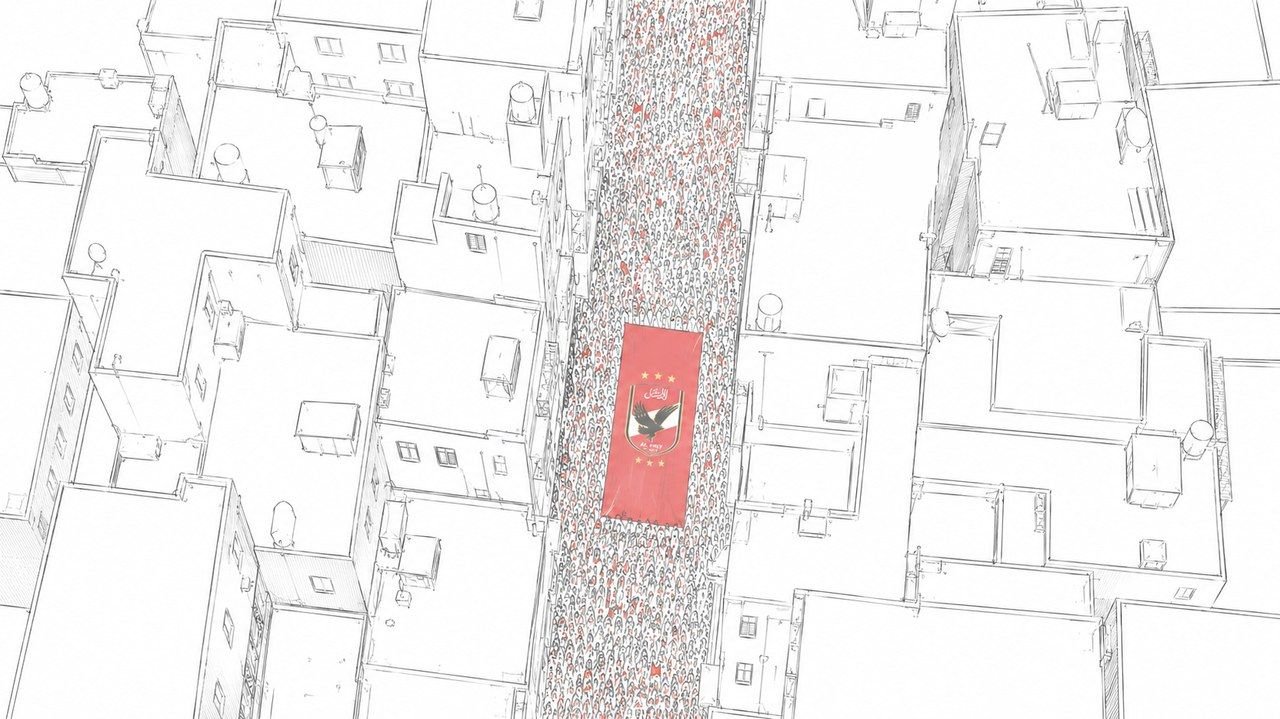 Storyboard sketch — a giant banner over a crowded street