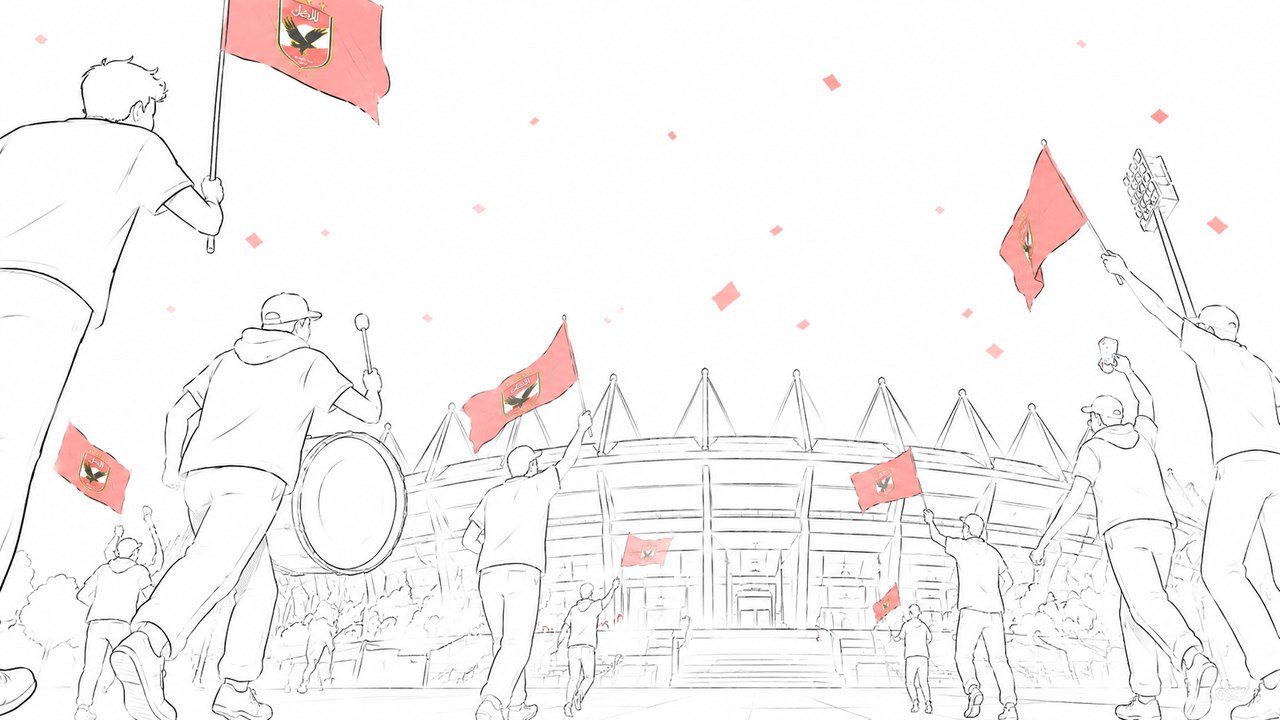 Storyboard sketch — fans marching with flags
