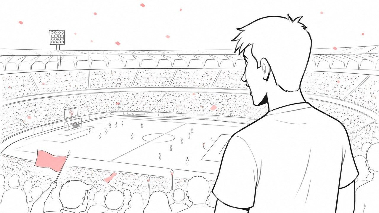 Storyboard sketch — a figure facing the packed stands