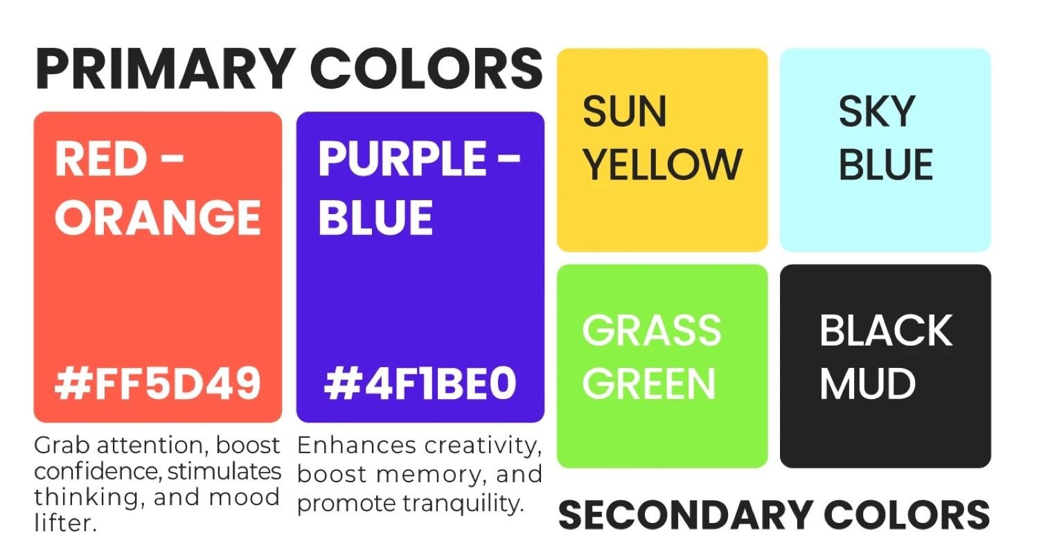 D-Schola palette — red-orange FF5D49 and purple-blue 4F1BE0, plus secondaries