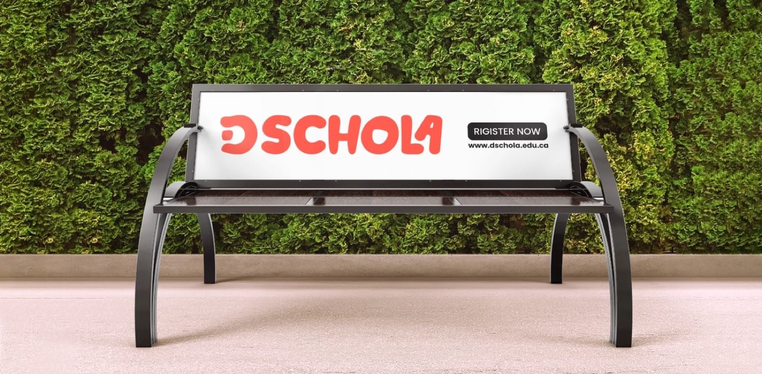 D-Schola outdoor bench advertisement — register now
