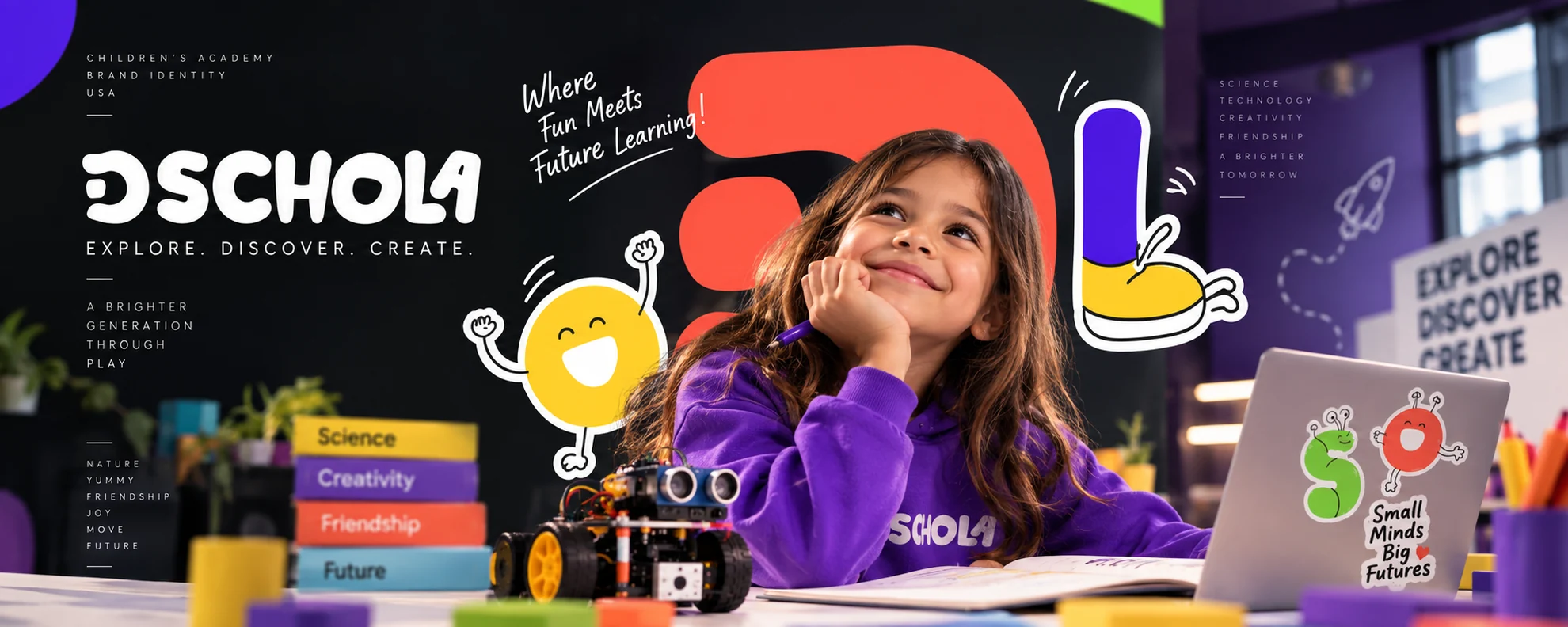 D-Schola Academy brand cover — the DSchola logo, ‘Explore. Discover. Create.’ and playful letter characters over a child in a DSchola hoodie with a robot, book stack and laptop