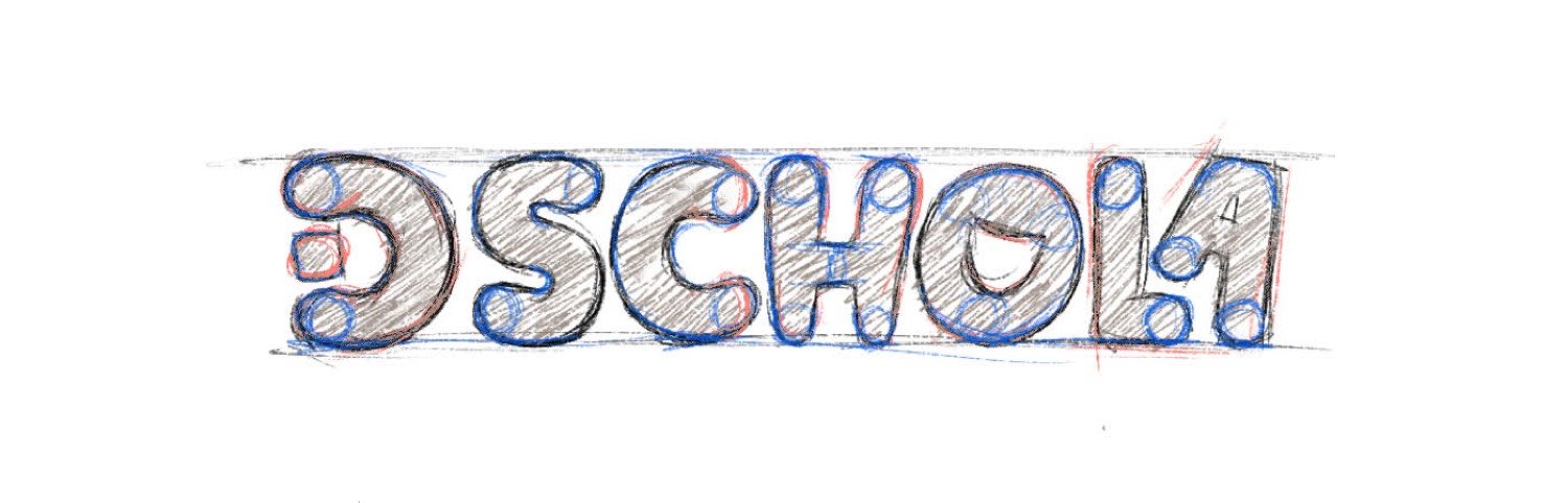 Hand-drawn construction sketch of the D-Schola logotype