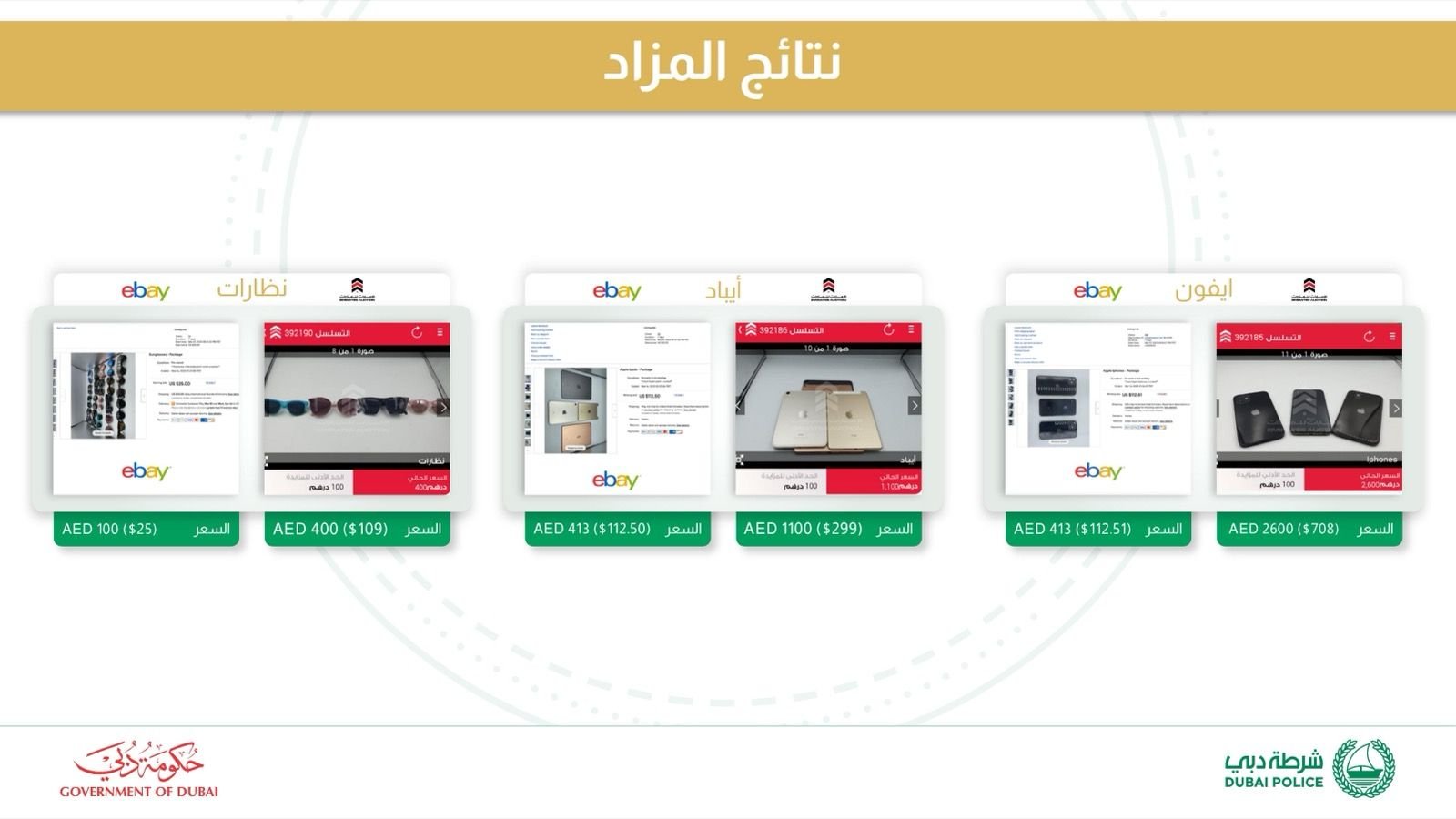 Auction results showcase — sample listing cards