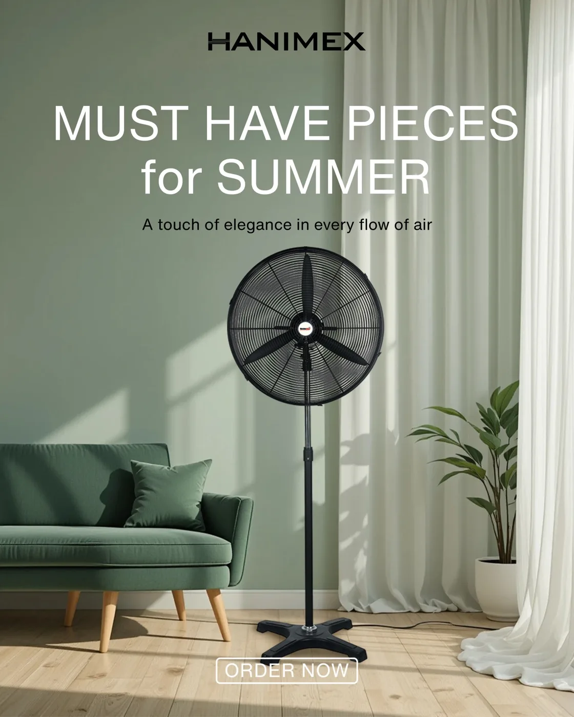 Hanimex standing fan in a styled living room — a touch of elegance in every flow of air