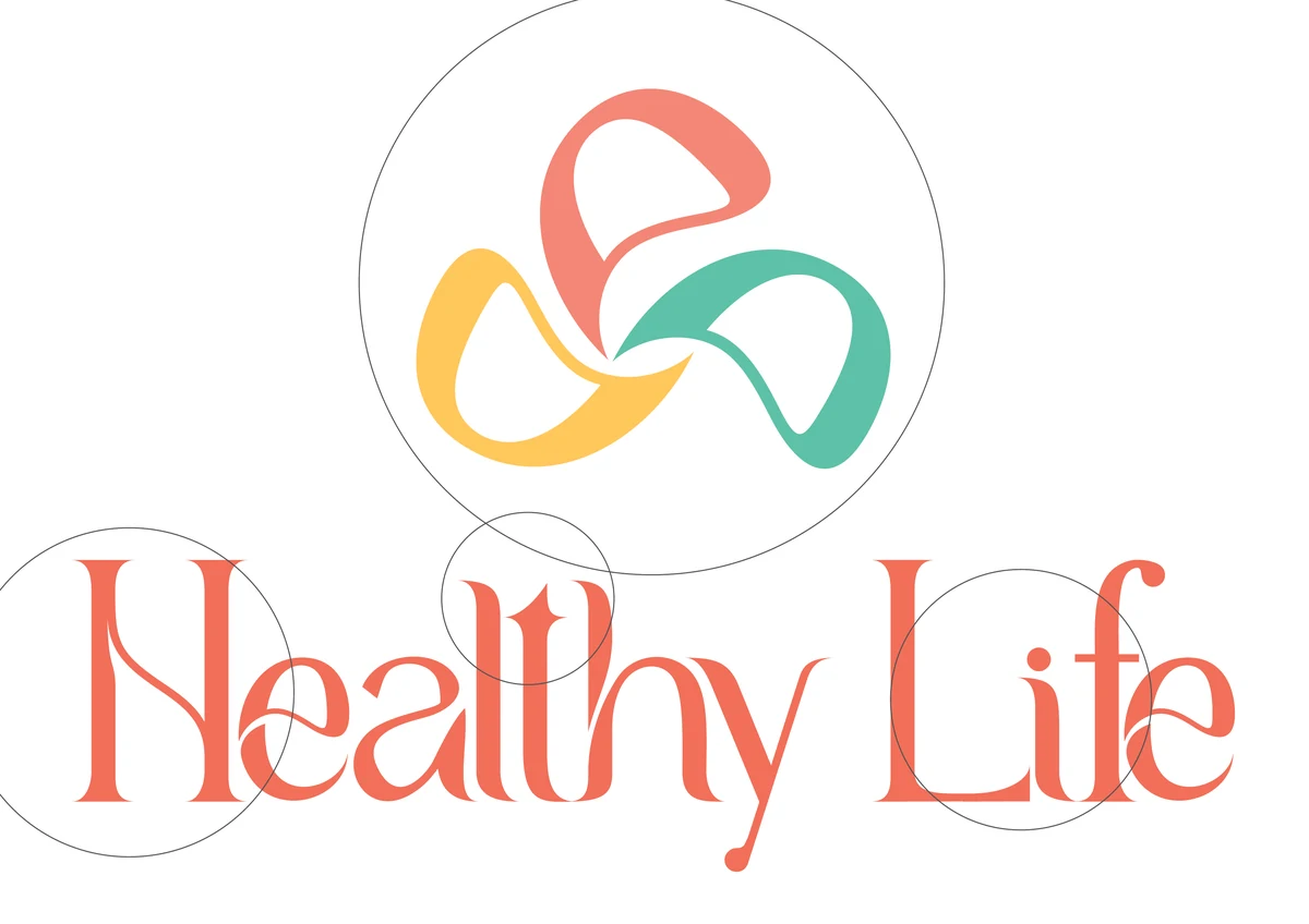 The original Healthy Life logo overlaid with construction circles, showing the uneven letter-spacing and the unbalanced pinwheel icon