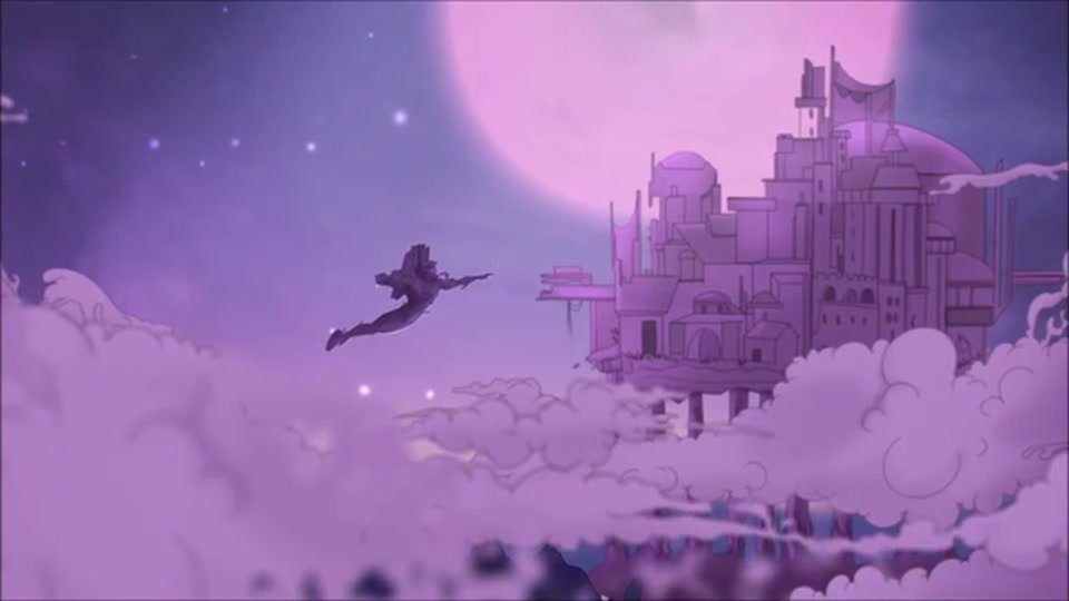The hero flying toward a floating citadel on purple clouds
