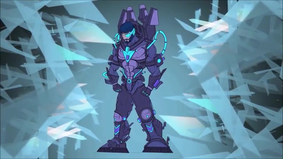The finished, fully rendered armored hero standing amid shattered ice