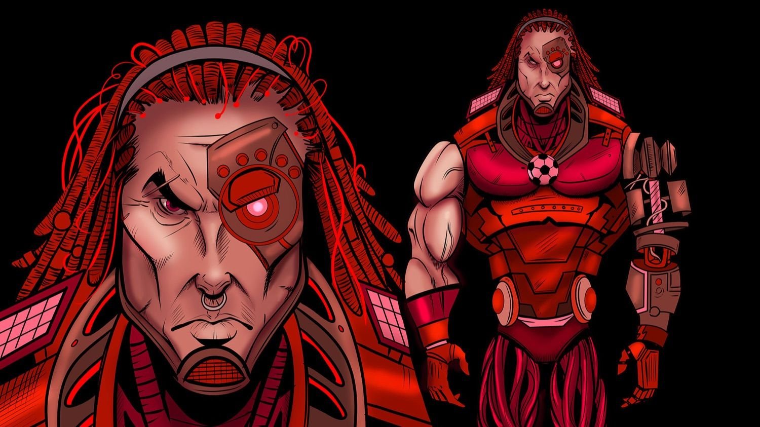 Character key art — a red cyborg ally with a glowing bionic eye