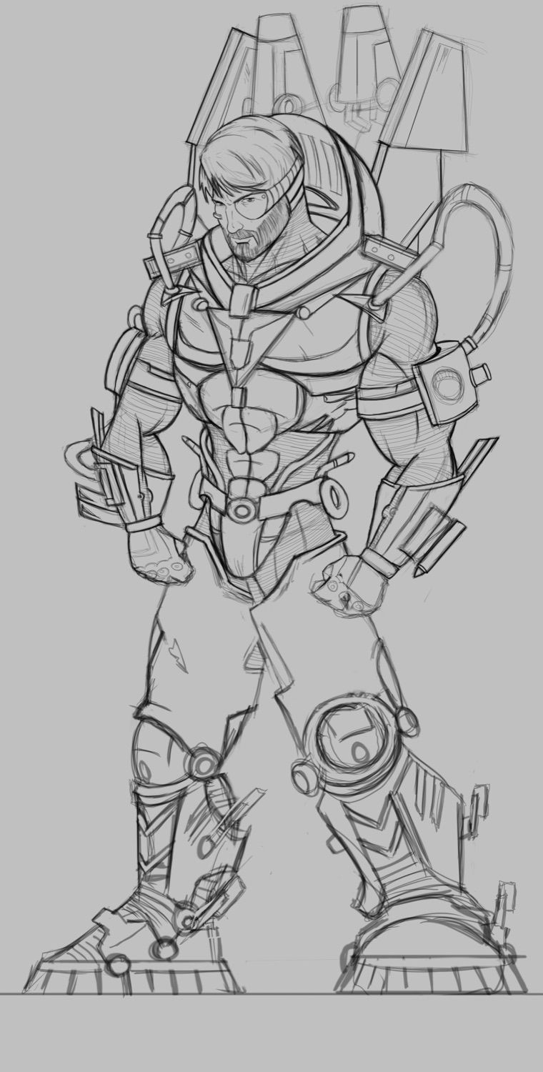 Pencil concept sketch of the armored hero, full body with jetpack