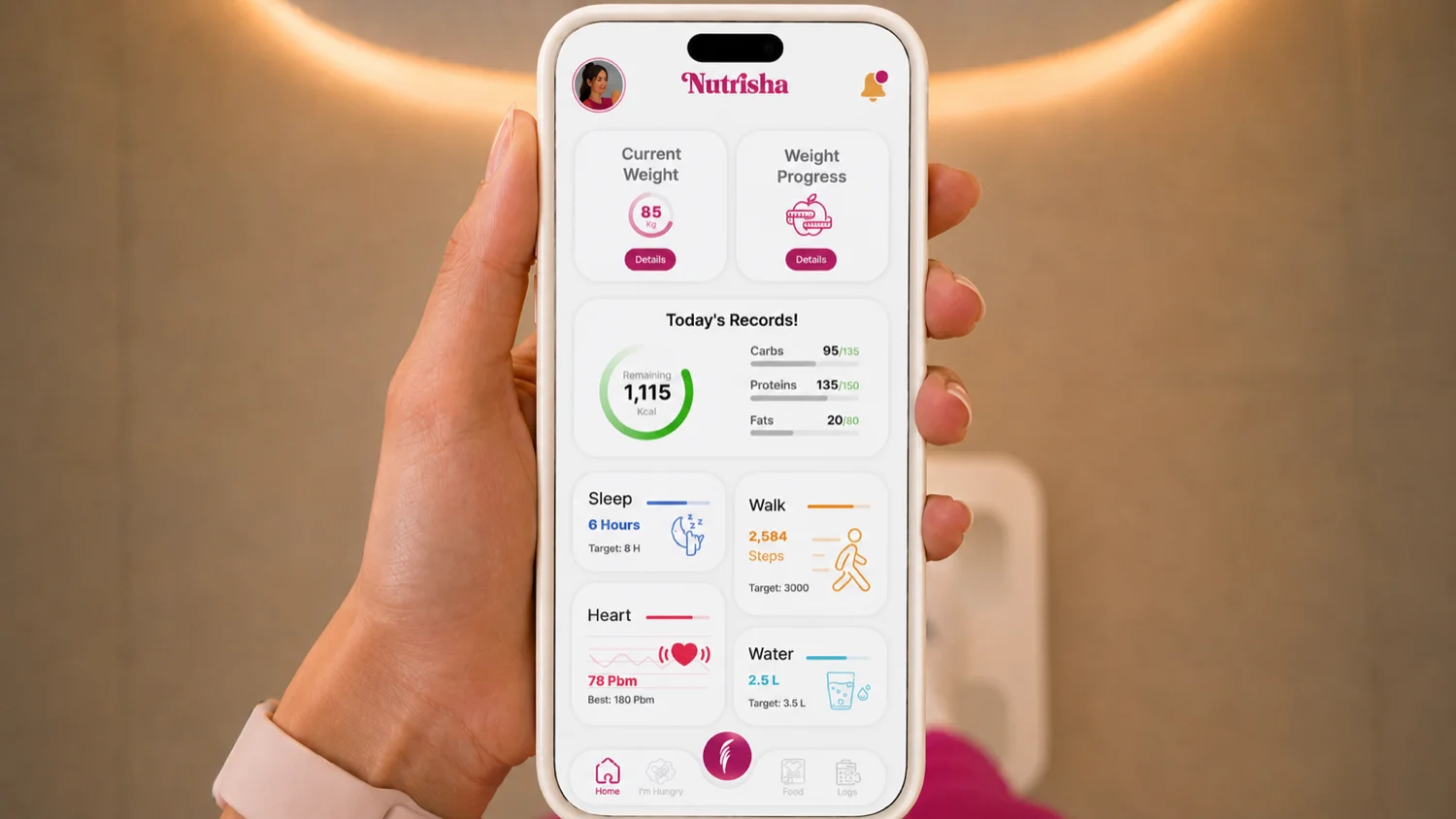 Nutrisha home screen in hand