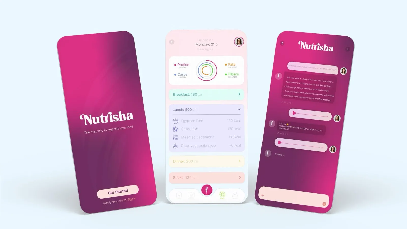 Refreshed Nutrisha UI — splash, diary and chat