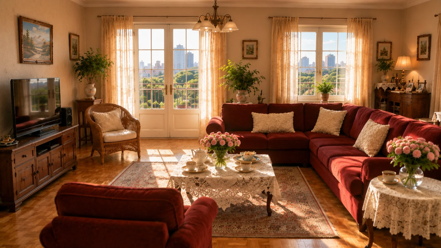 An Egyptian living room bathed in golden light — the world Nutrisha lives in