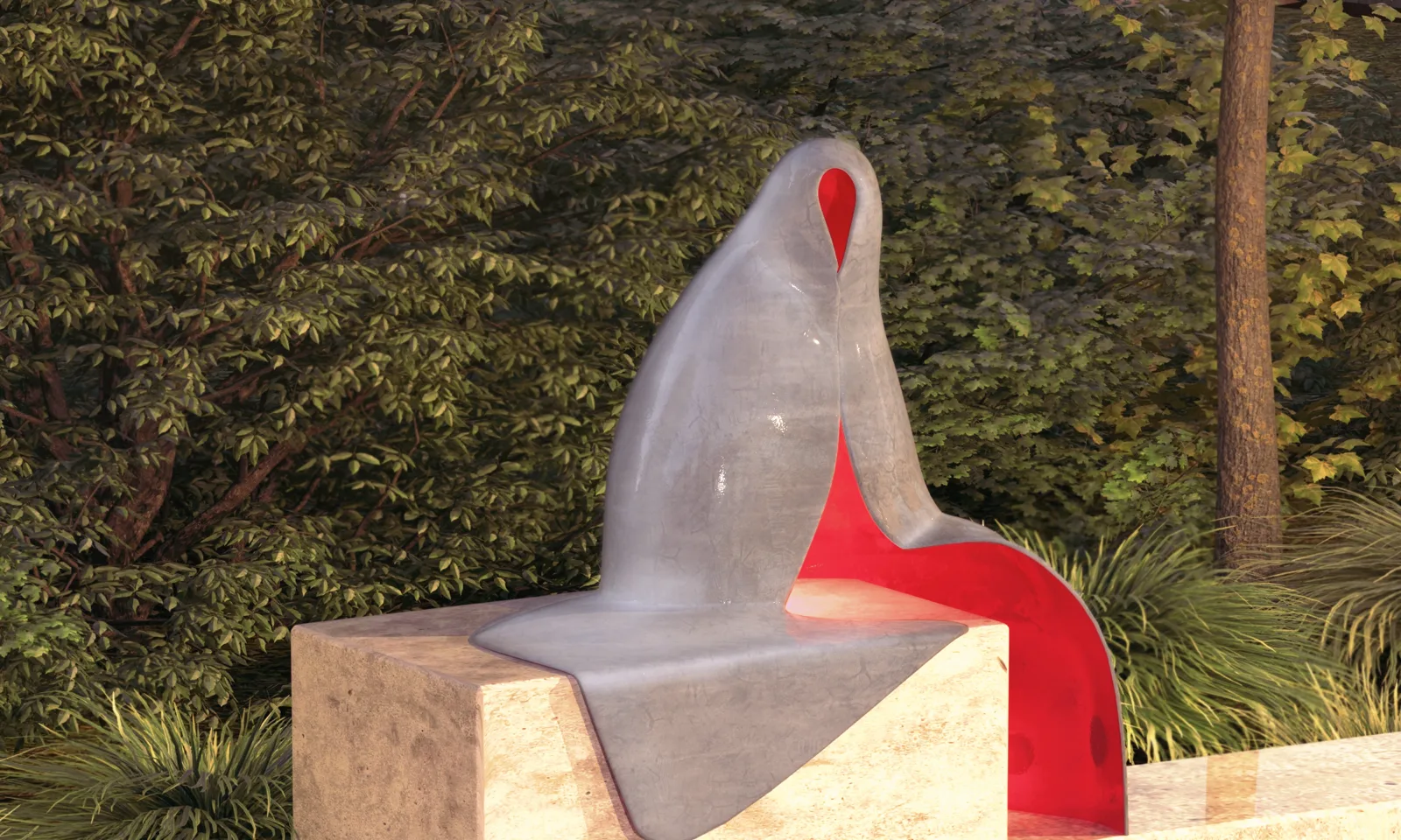 Close-up of a single form — reflective grey shell opening to a vivid red interior