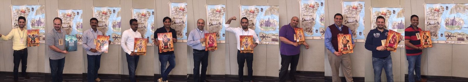 Participants holding their character cards at a live workshop
