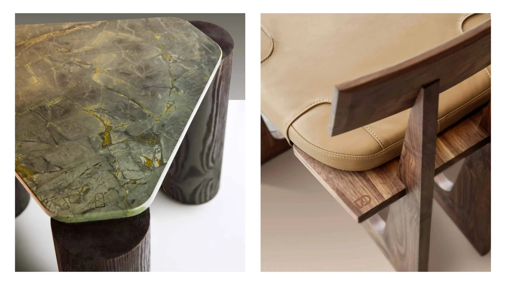 Close-up beauty shots of SUB furniture — a marble tabletop and a leather-and-wood chair engraved with the mark