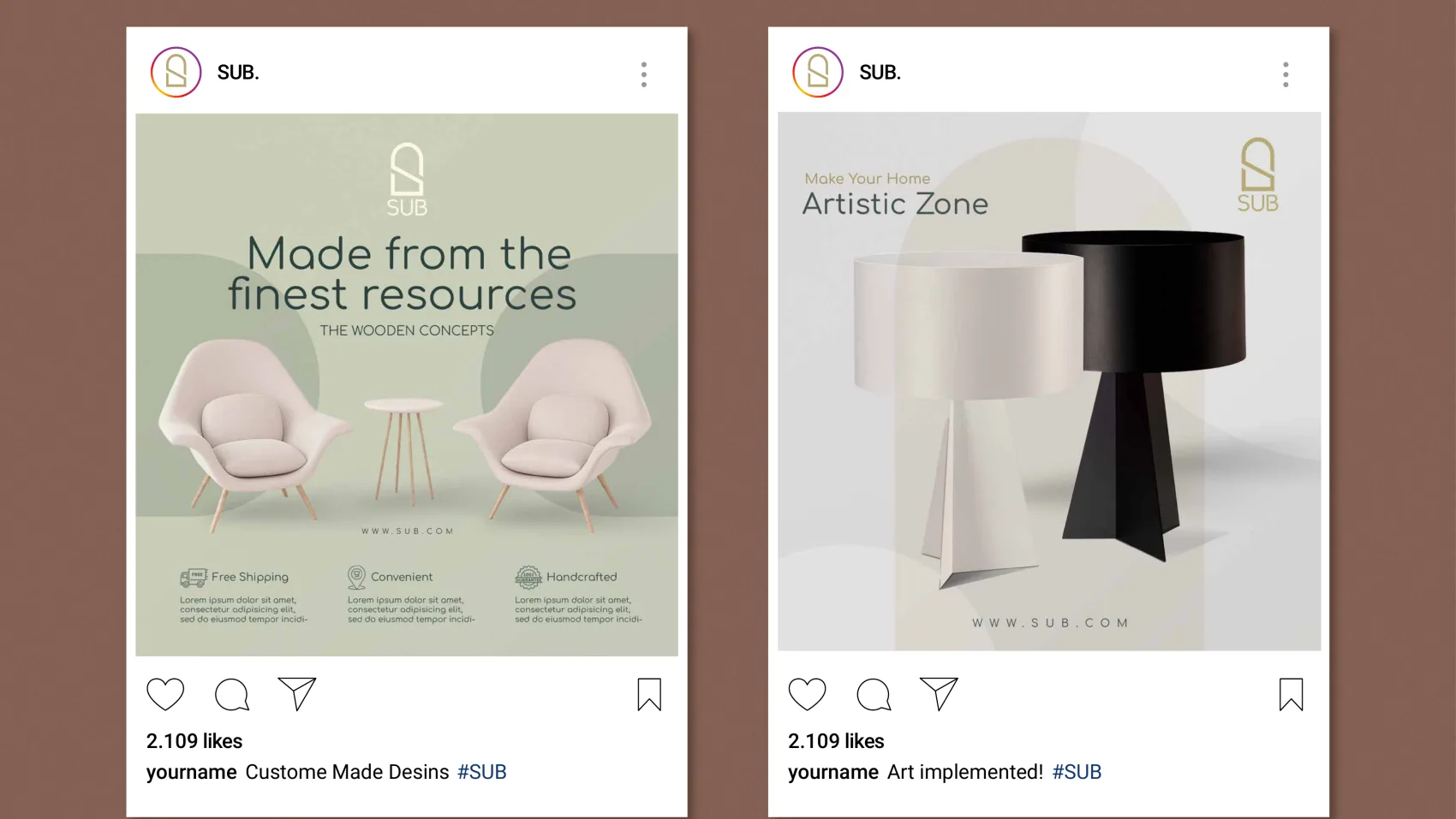 Two SUB Instagram posts — Made from the finest resources, and Artistic Zone
