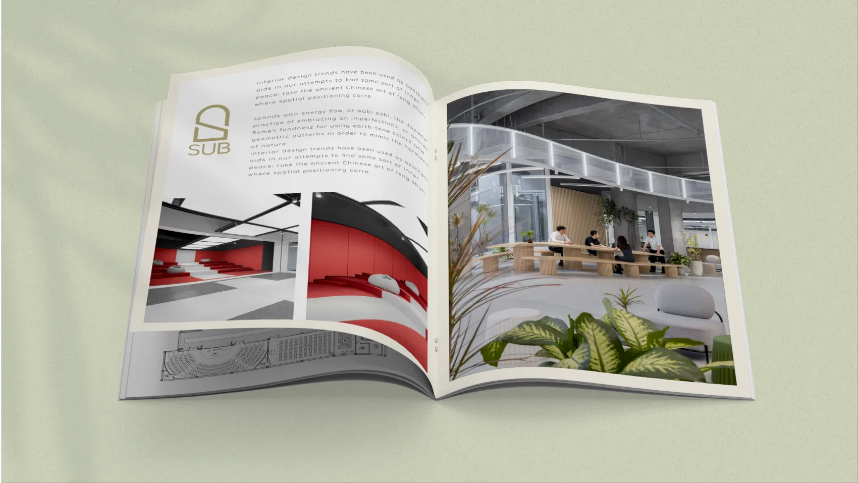 An open SUB magazine spread showing interior renders and body copy