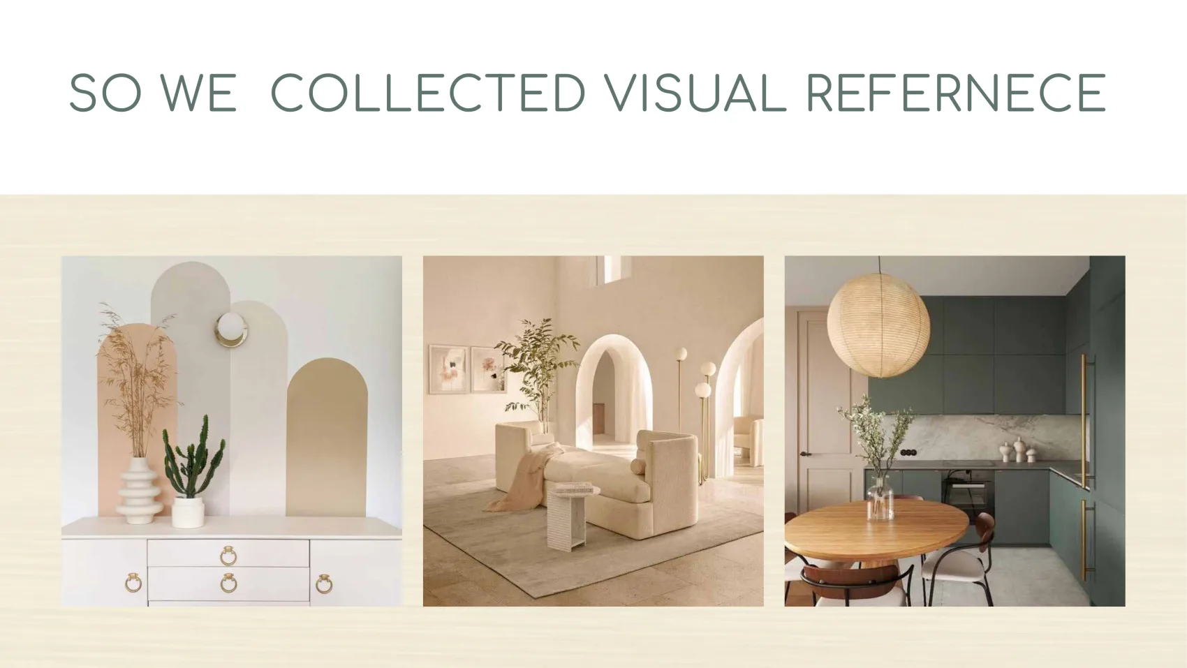 A moodboard of minimalist interiors — arched niches, cream walls, sculptural furniture and warm neutral tones