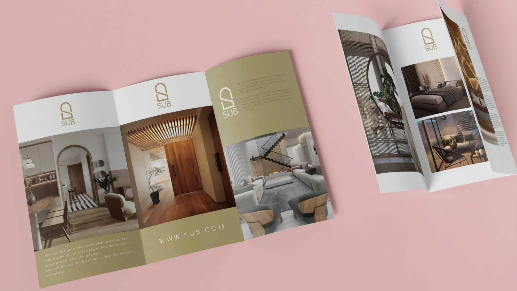 A SUB tri-fold brochure, unfolded, showing interior photography and the mark