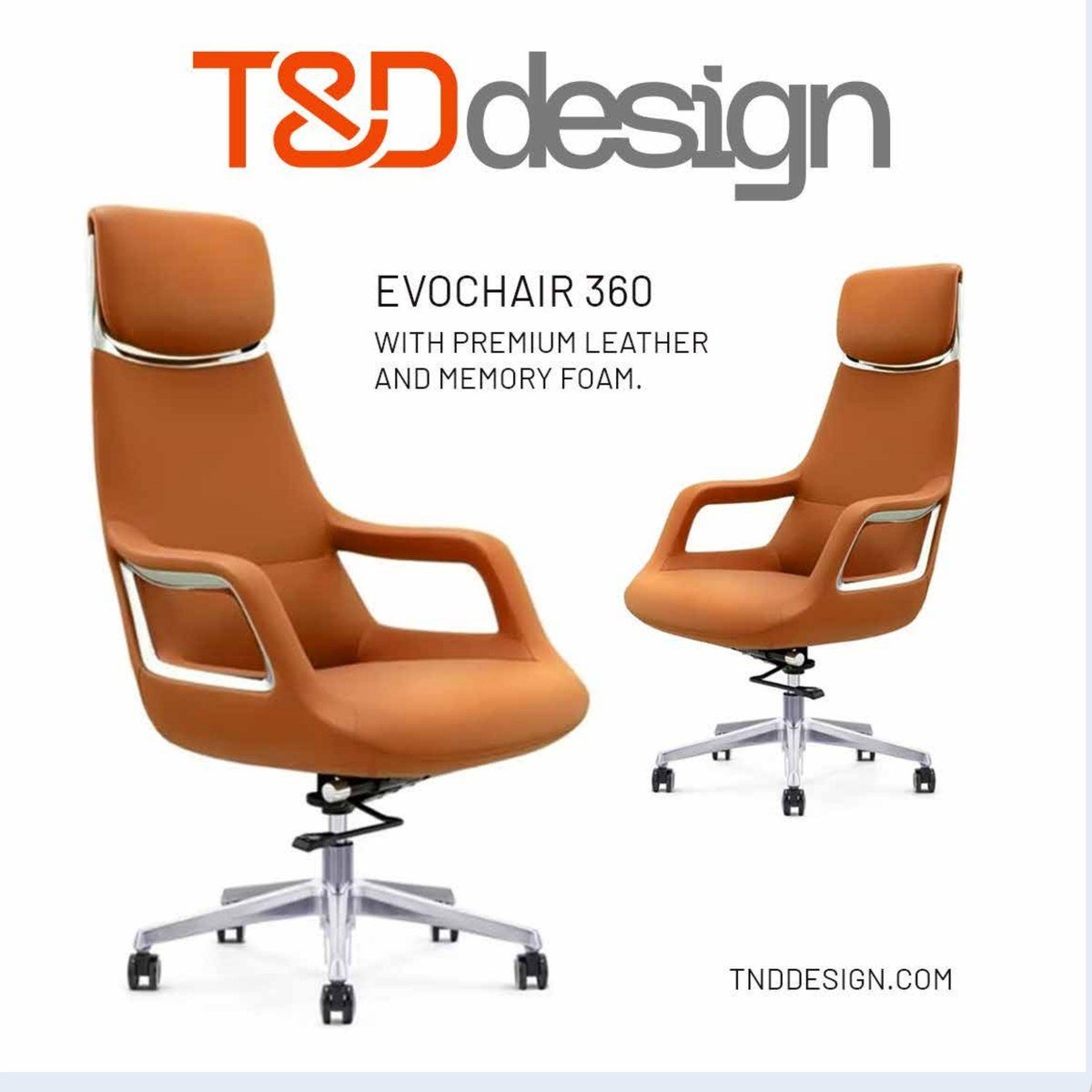 T&D design social post — EVOCHAIR 360 executive chair in premium leather
