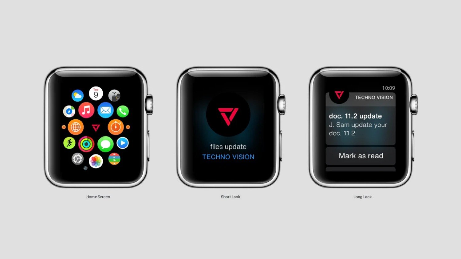 Techno Vision app UI on Apple Watch — home screen, files update, notification