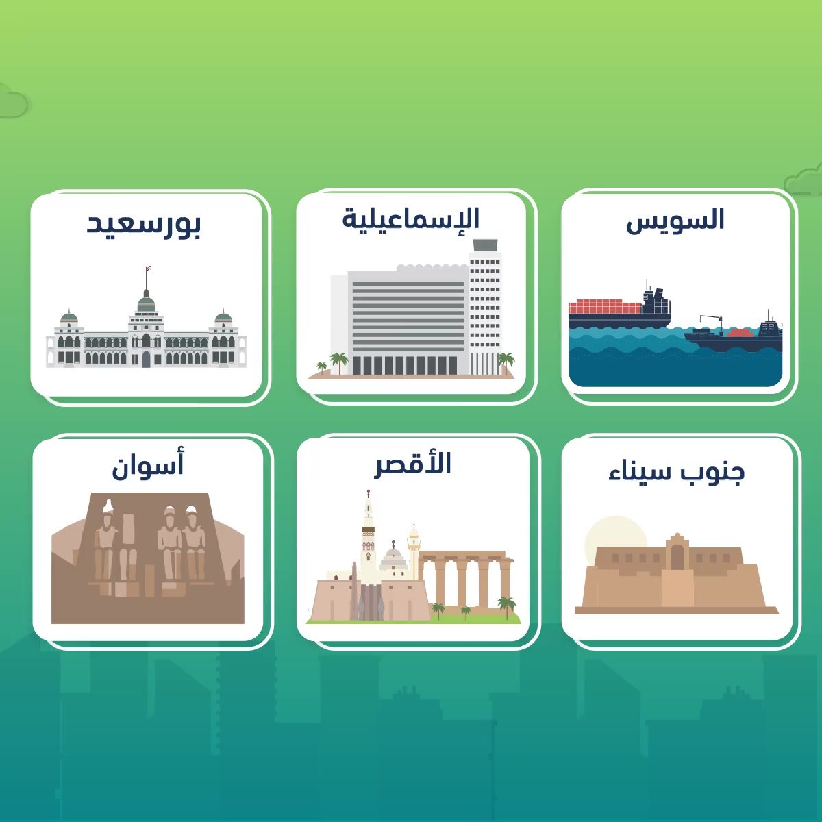 Phase-1 governorate cards with landmark illustrations