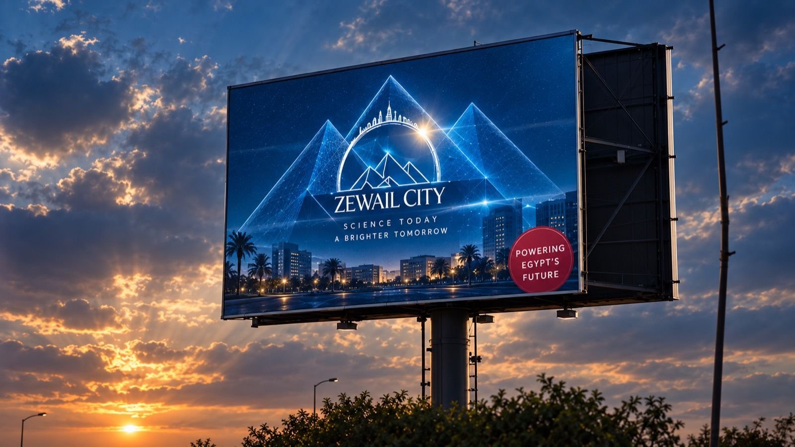 A Zewail City billboard against an Egyptian sunset — Science today, a brighter tomorrow, powering Egypt’s future