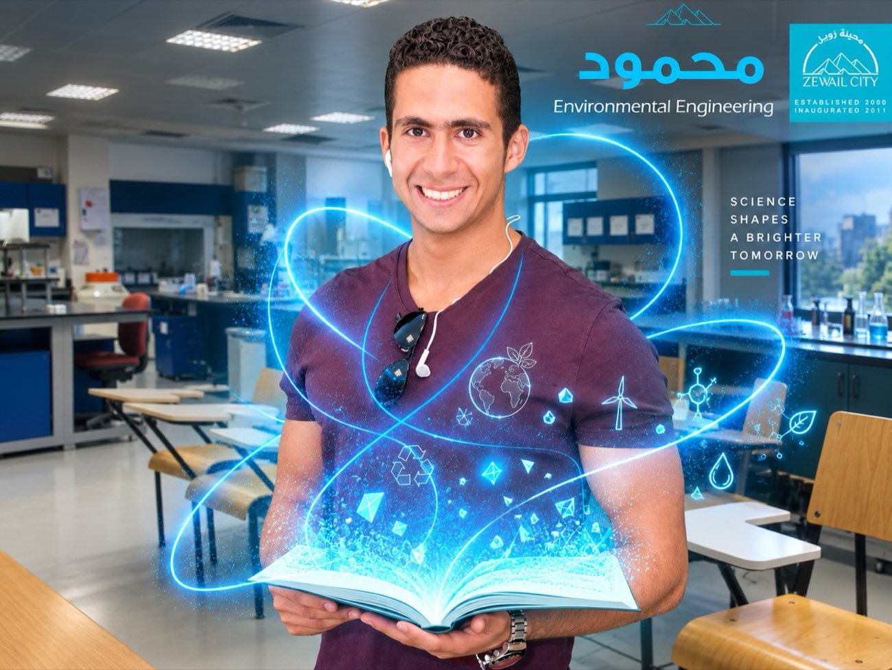Zewail City program post — a student with an atom motif, Environmental Engineering